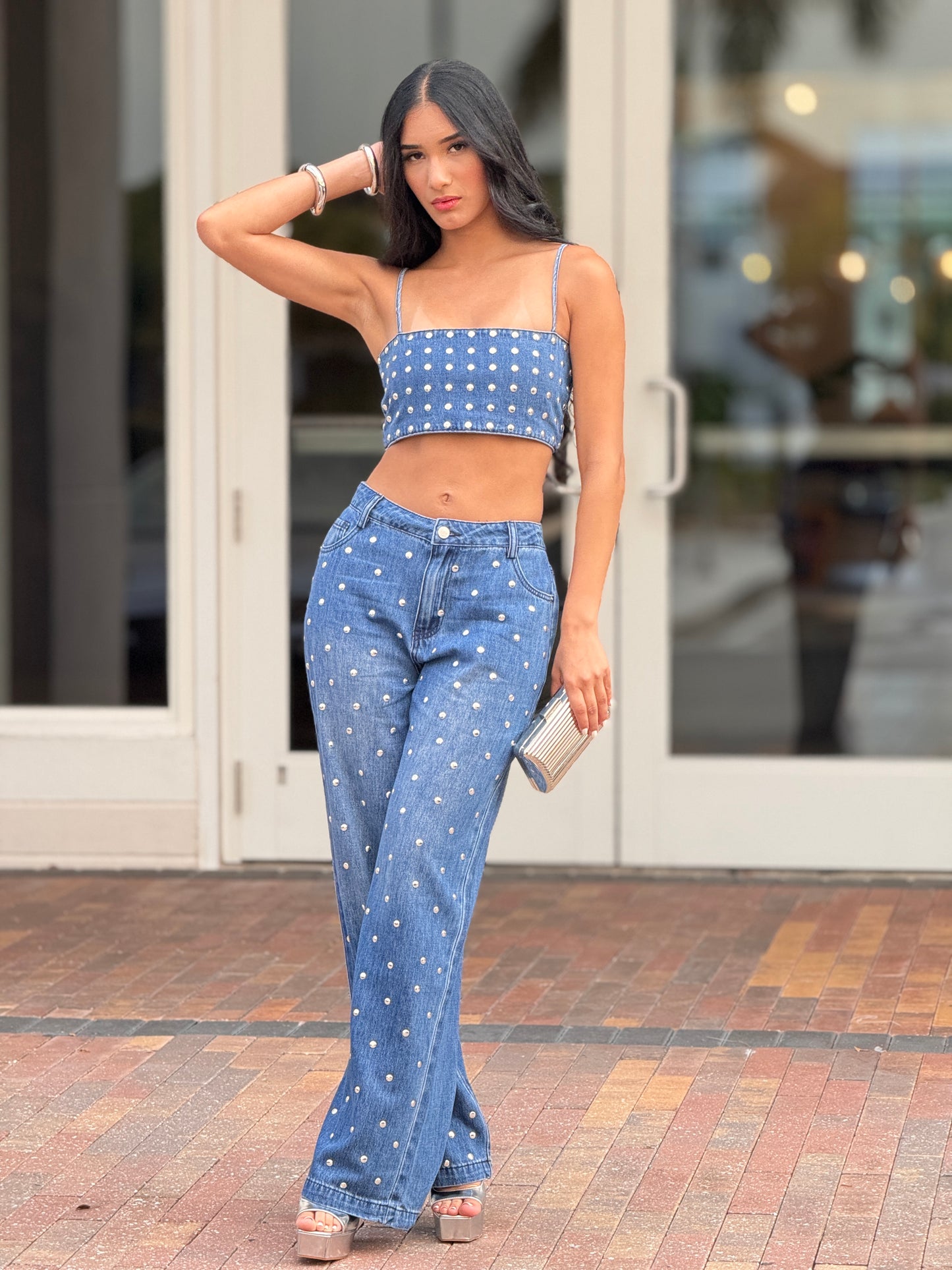 Gaia Dark Denim Silver Round Studs Jeans Set