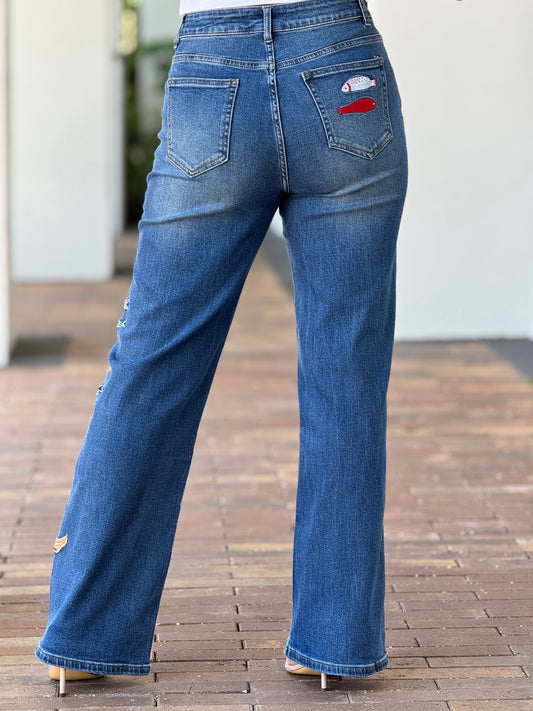 Fishies Embroidery Jeans