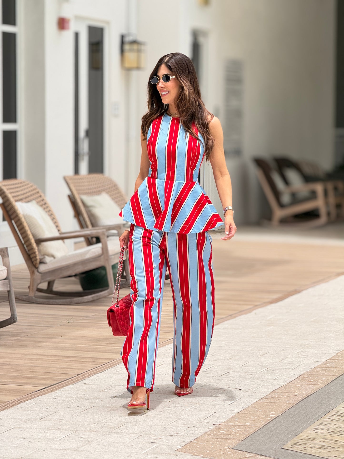 Lumi Red/Blue Lines Peplum Set