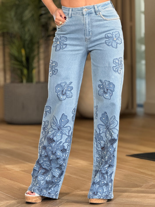 Lizzie Flower Embroidery Pearls Jeans