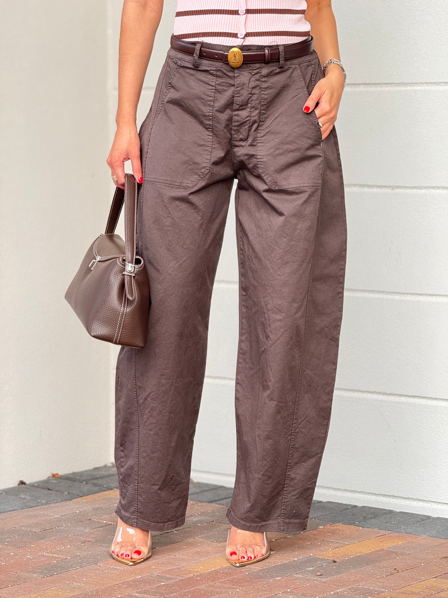 Italy Brown/Gold Belt Barrel Pants