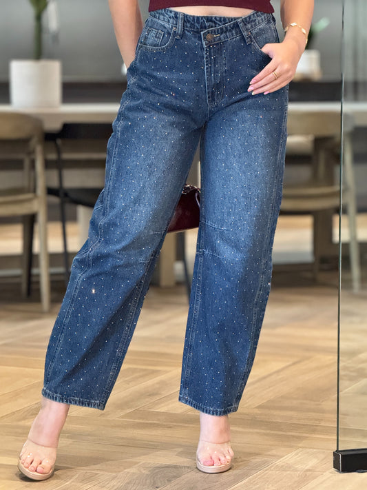 Kiwi Denim Rhinestone Barrel Jeans