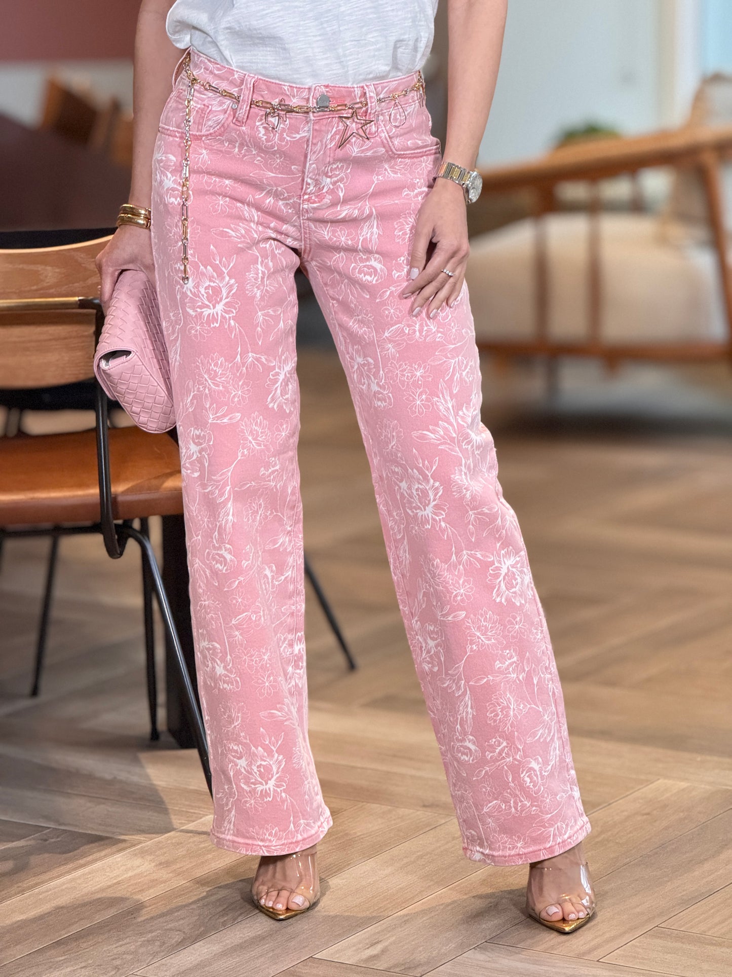 Risen Pink Floral Print Jeans