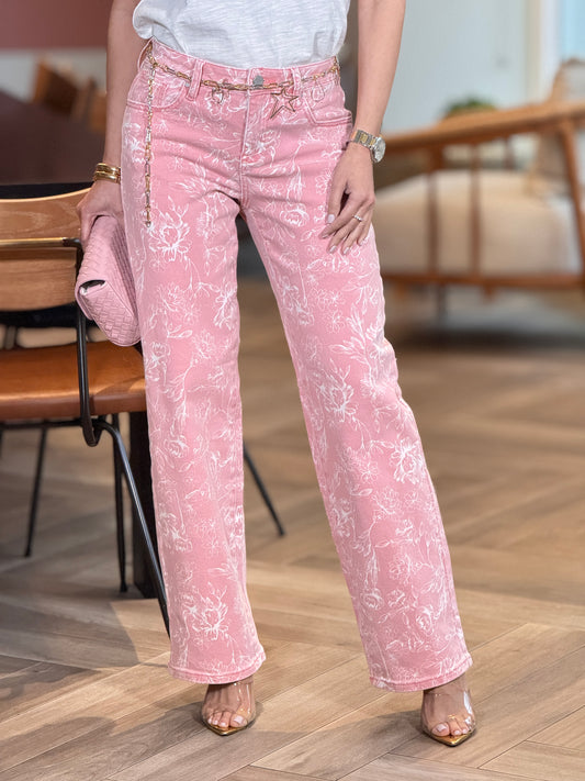 Risen Pink Floral Print Jeans
