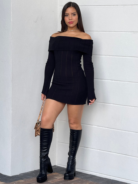 Velma Black Off Shoulder Knitted Dress