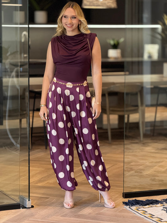 Italian Polka Dots Burgundy Satin Pants