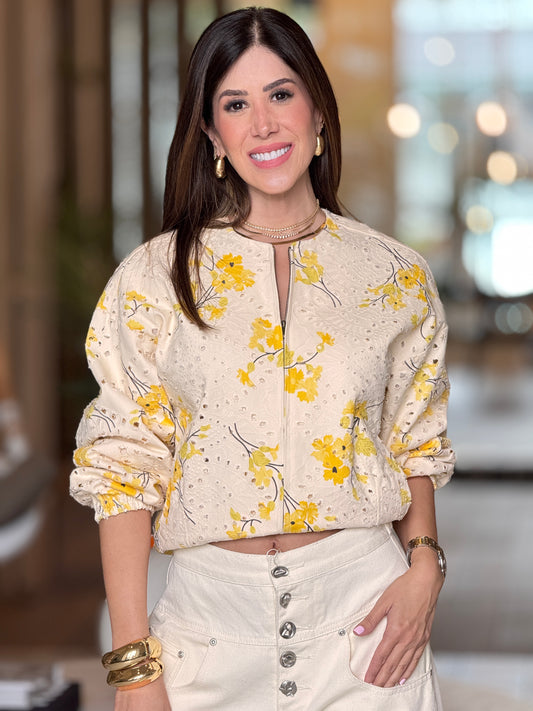Lalavon Yellow Floral Eyelet Jacket Top