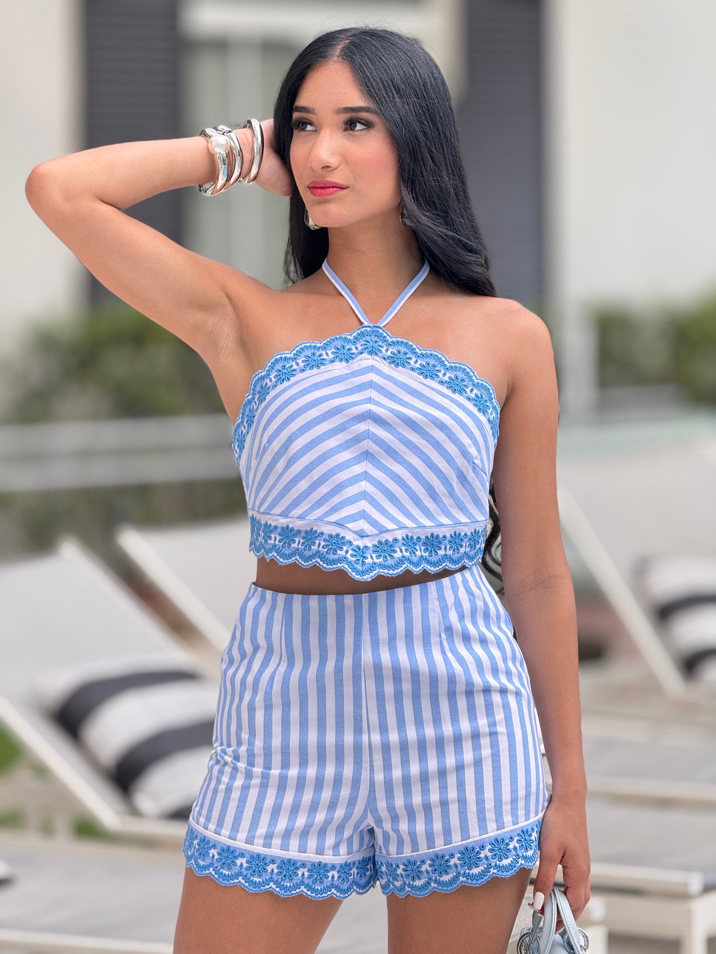 Barbara Blue Lines Torchon Short Set
