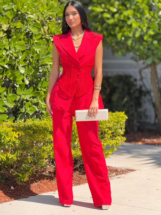 Itoo Red Lace Bustier Vest Set