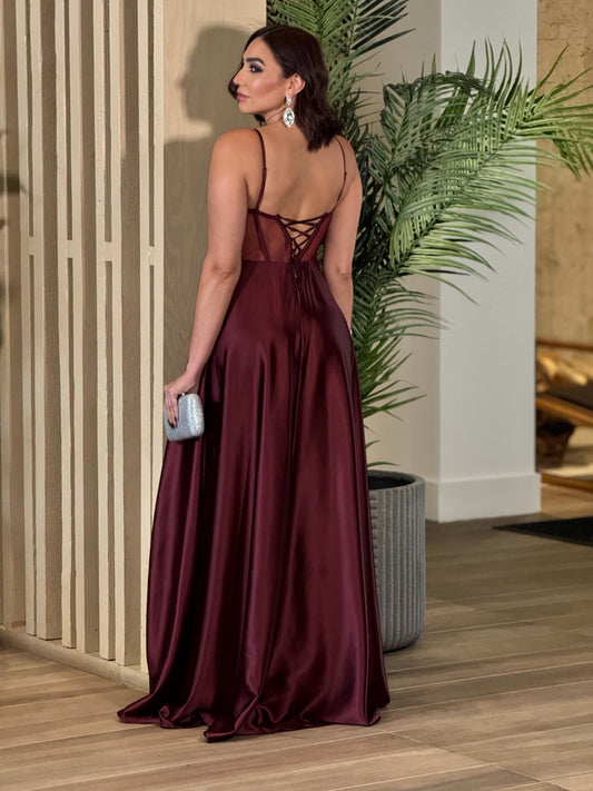 Astrid Burgundy Satin Corset Dress Gala