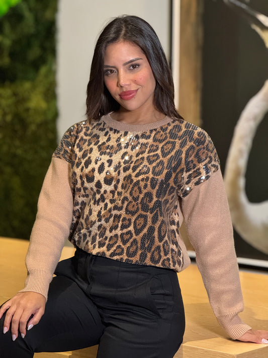 Amika Beige Leopard Sequin Sweater Top