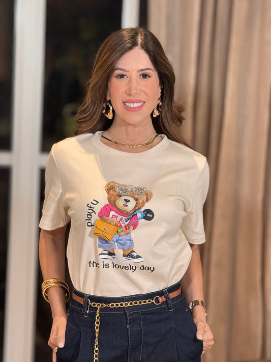 Playful Bear Pin Beige T-Shirt