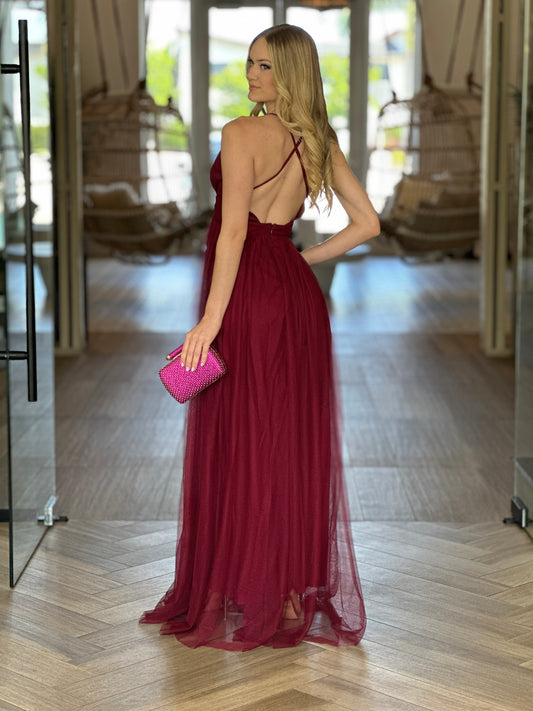 Meredith Wine Tulle Dress Gala