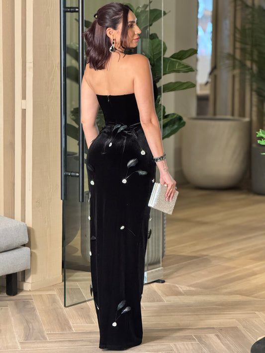 Astrid Velvet Feathers Black Dress Gala