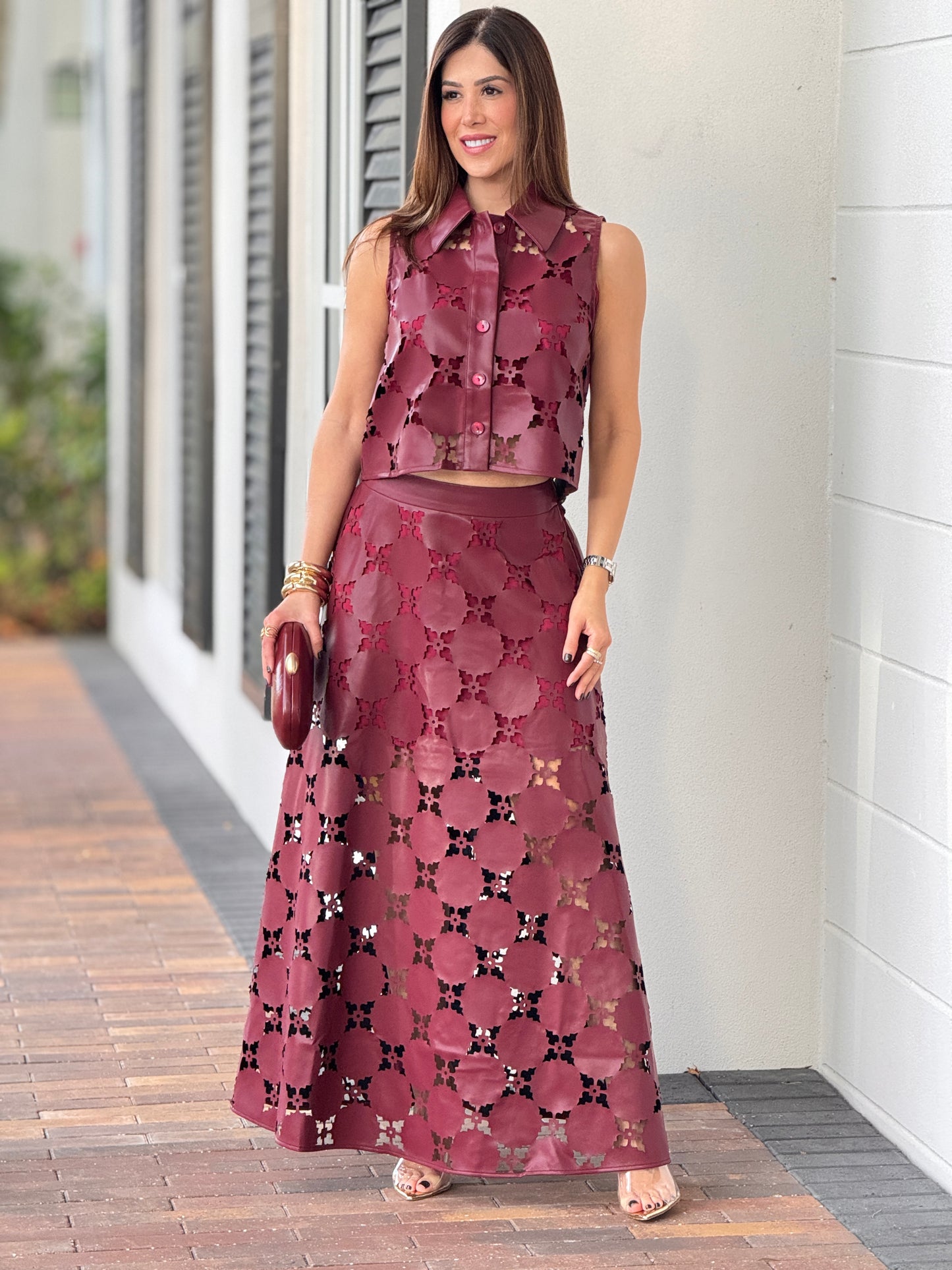 Chic Burgundy Leather Cutout Skirt Set