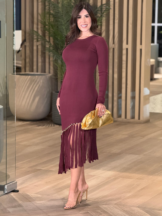 Rivera Burgundy Asymmetric Fringe Dress