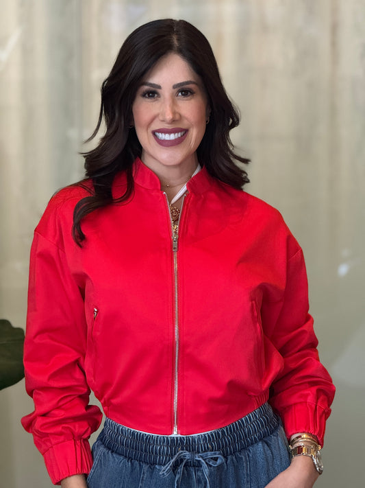 Adie Red Satin Bomber Jacket Top