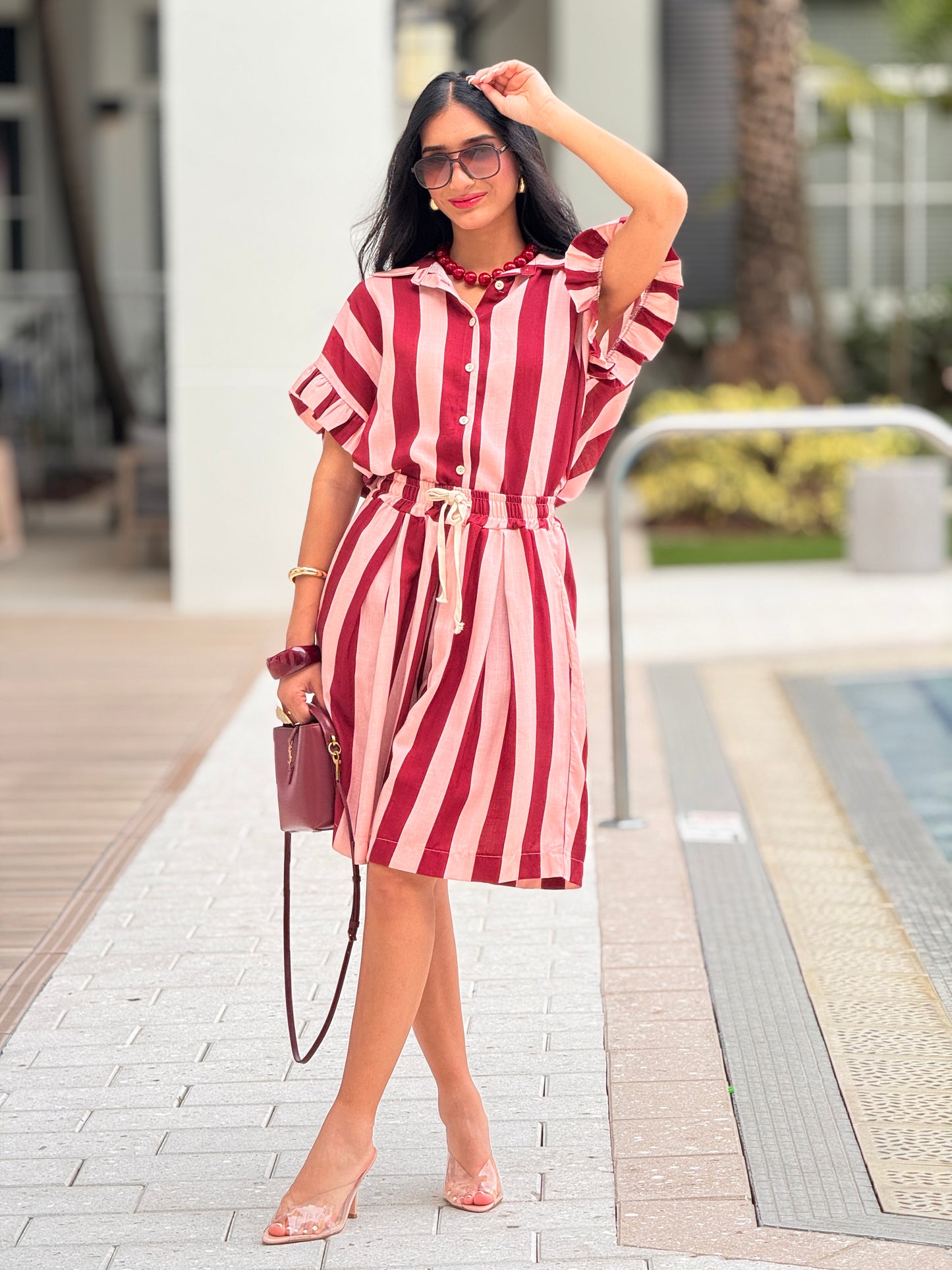 Italy Pink/Burgundy Ruffle Linen Lines Set