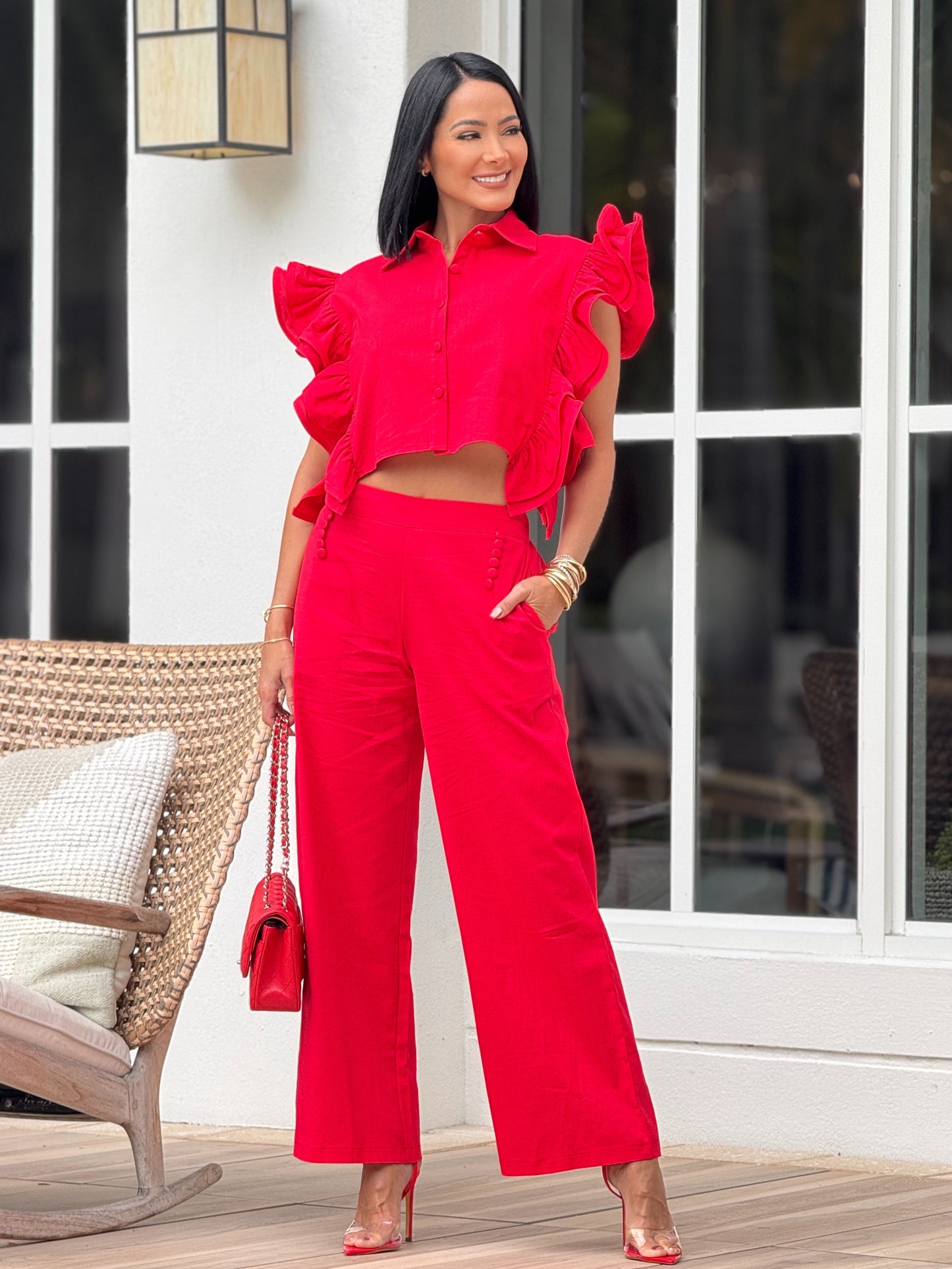 Karelis Red Linen Ruffle Set