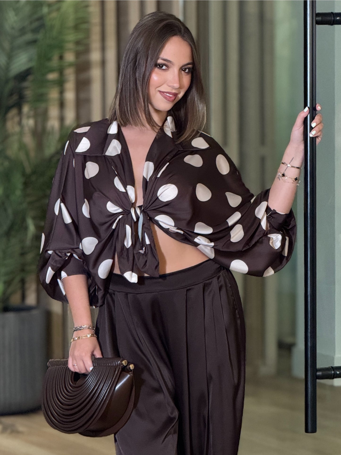Polka Dots Brown Satin Shirt