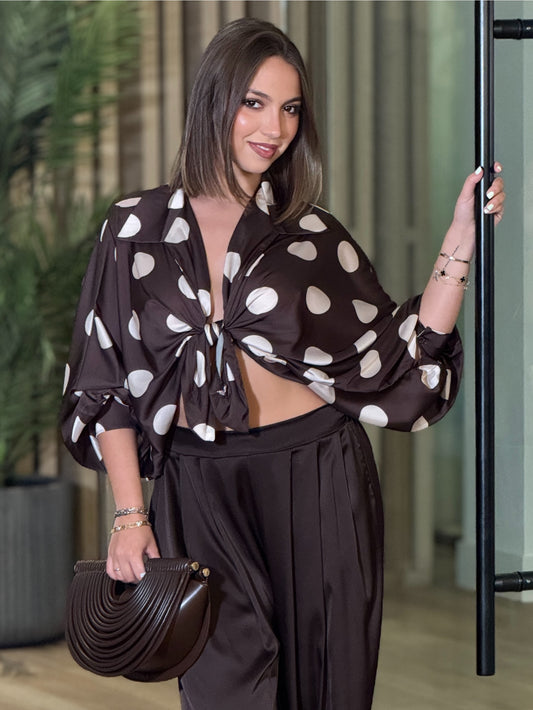 Polka Dots Brown Satin Shirt