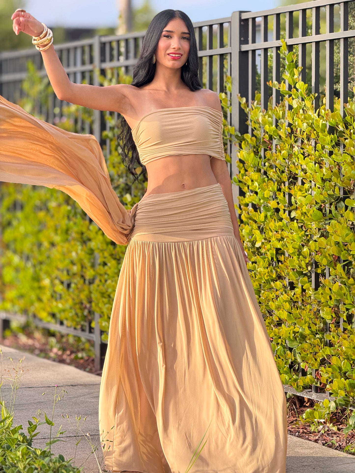 Colina Beige Mesh Skirt Set