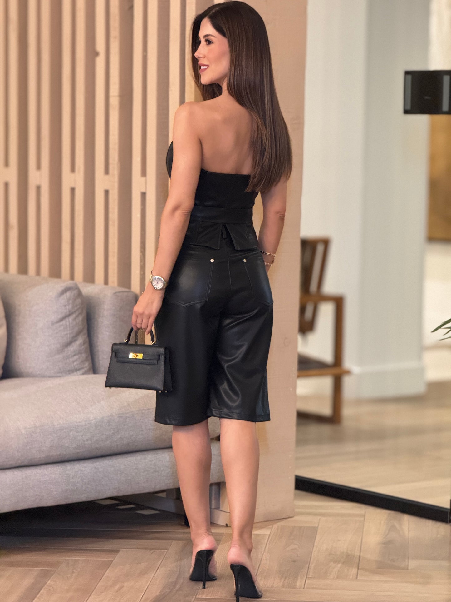 Maha Black Leather Bermuda Set