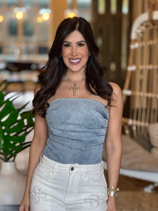Andreina Denim Bodysuit Top