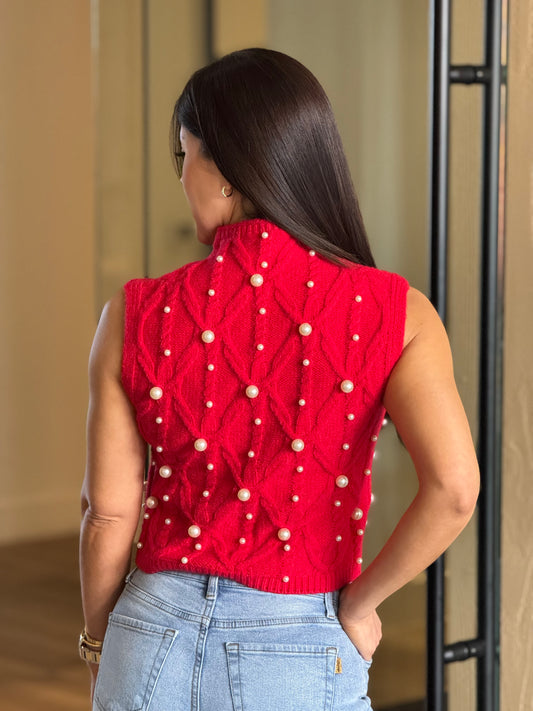 Angelica Red Pearls Vest Top