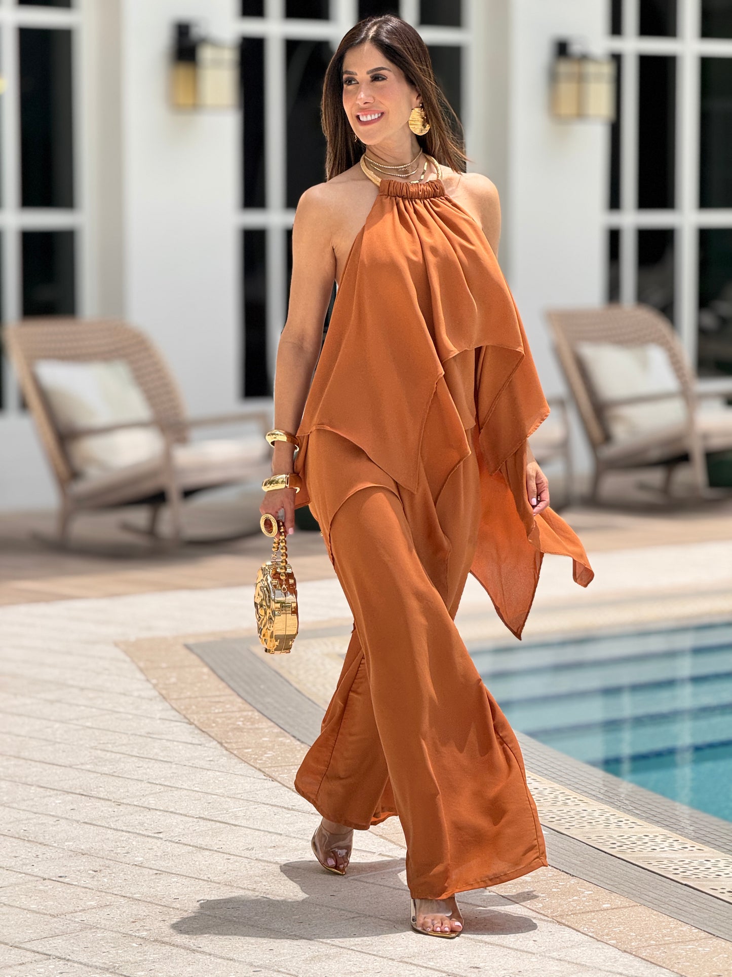 Sabrina Orange Ruffle Necklace Jumpsuit