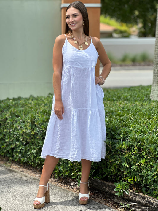 Endrina White Linen Midi Dress
