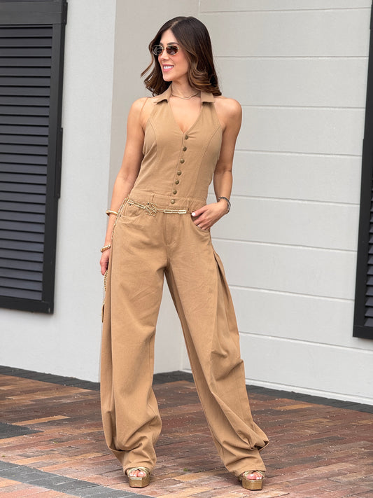 Cherry Brown Halter Denim Jumpsuit