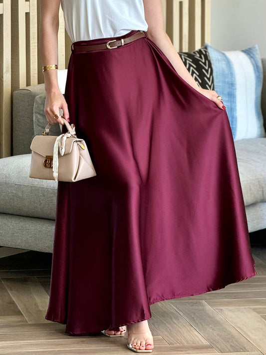 Brianna Burgundy Satin Long Skirt