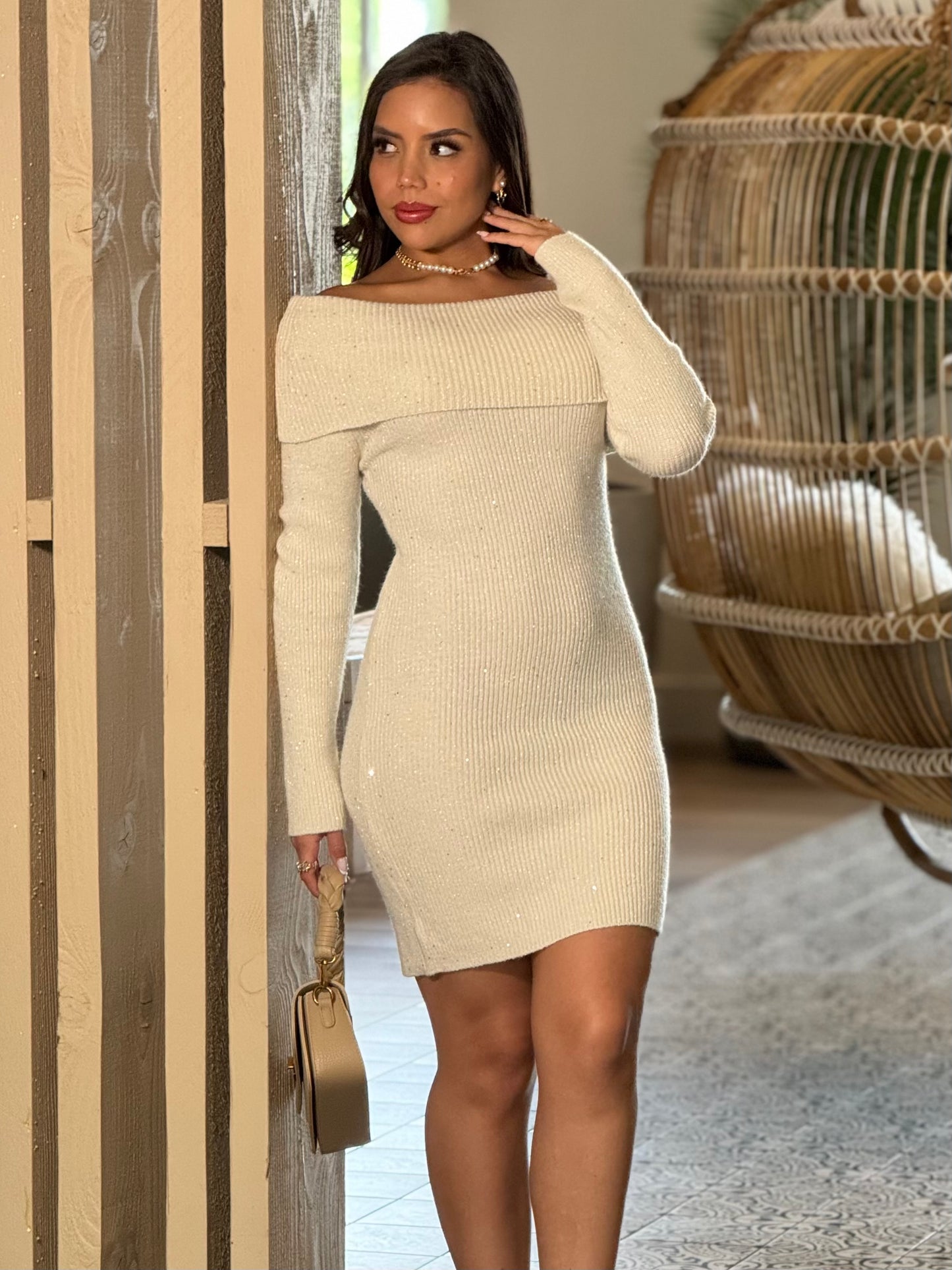 Kelly Beige Knitted Off Shoulder Dress