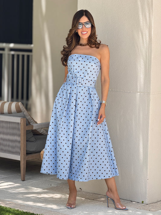 Italy Blue Polka Dots Strapless Dress