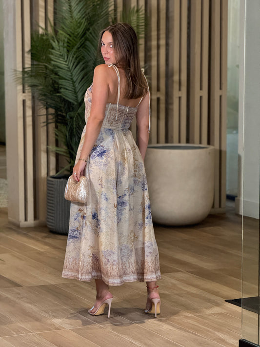 Gardenia Beige/Blue Bustier Floral Dress