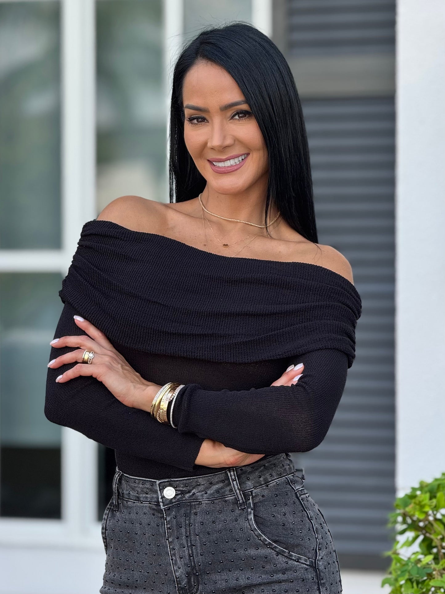 Evelyn Off Shoulder Black Top