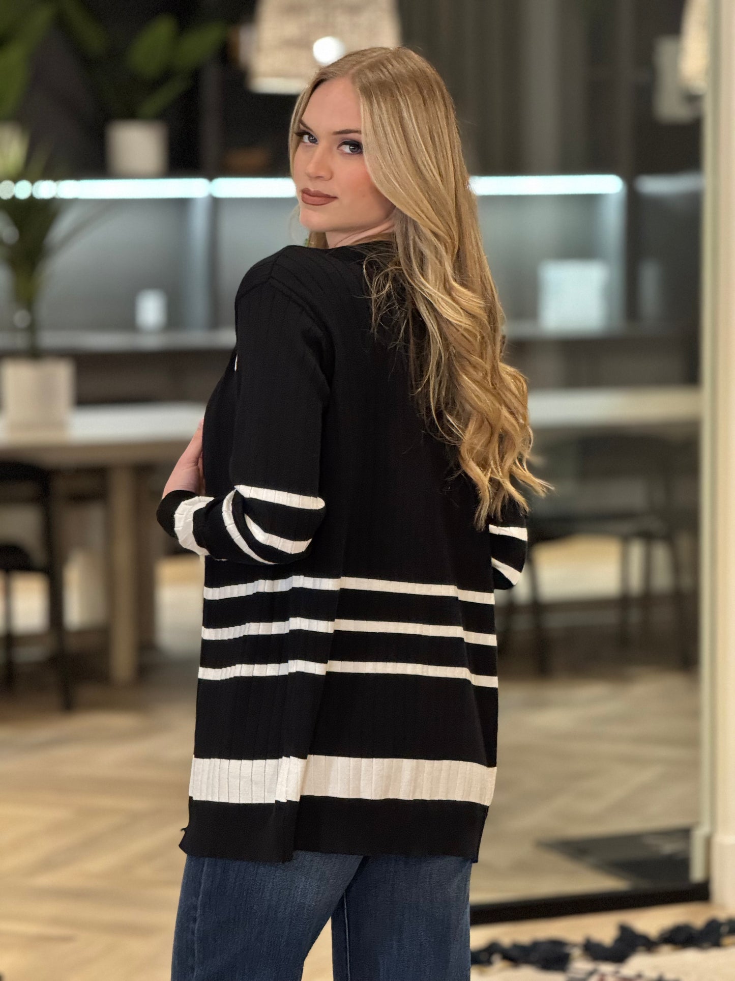 Cece Black Lines Cardigan Top