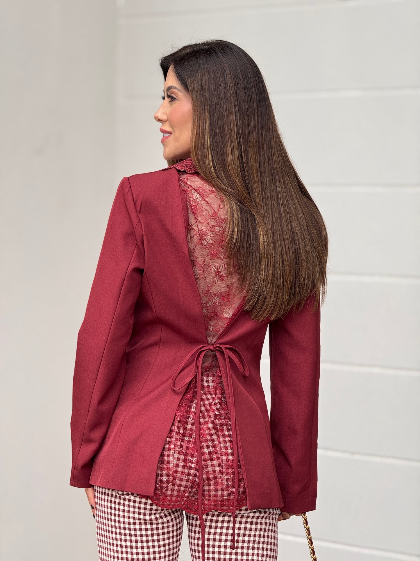 Puket Burgundy Lace Back Blazer Top