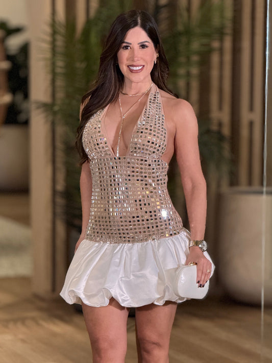 Mariah Beige/White Rhinestone Bubble Dress Gala
