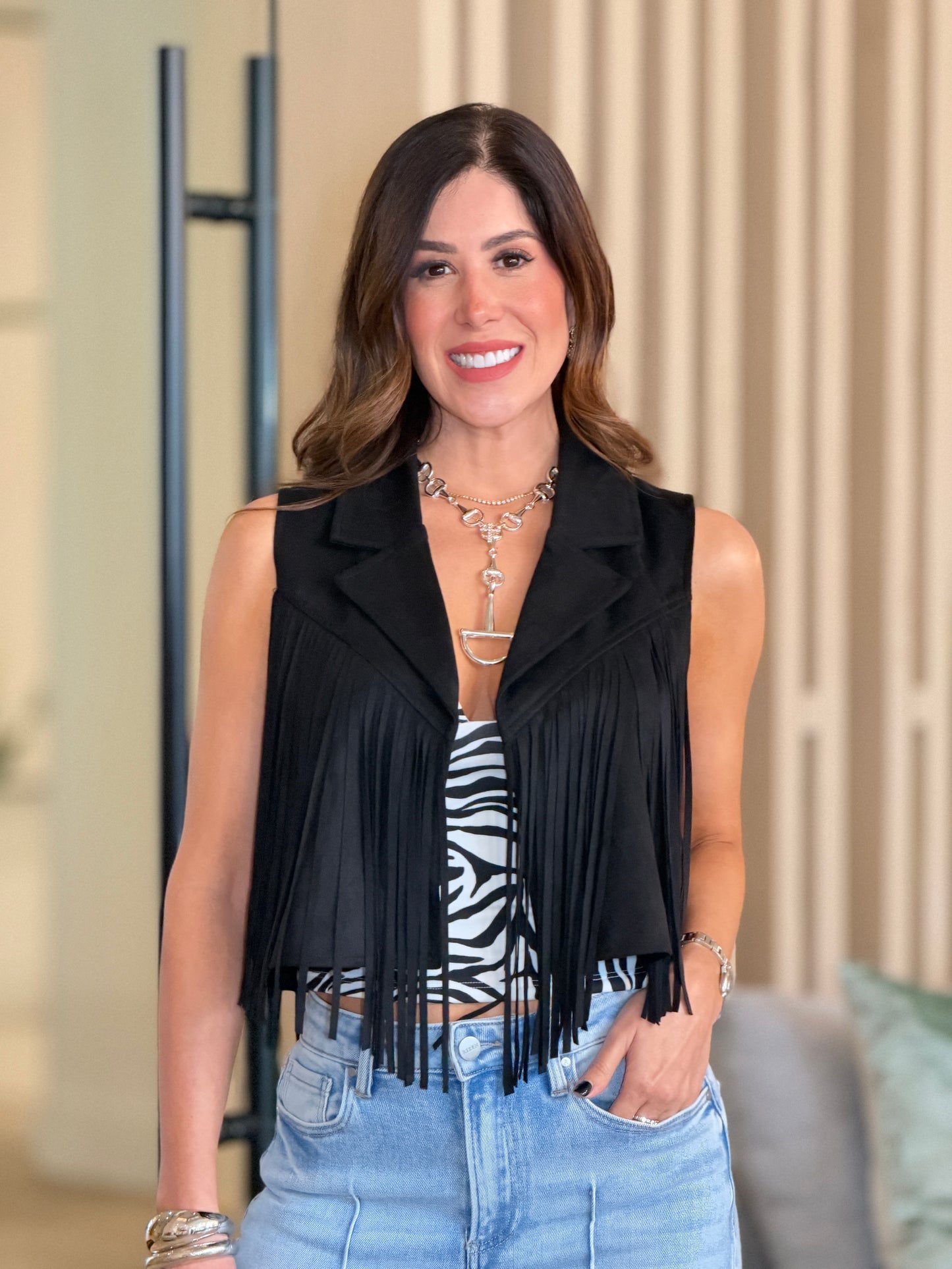 5242 Saint Black Fringe Vest Top