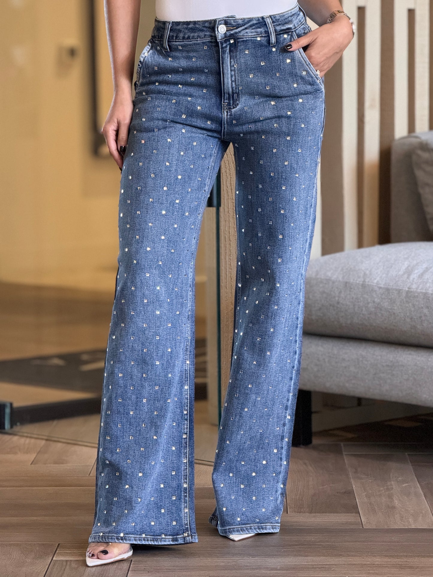 Muy Denim Rhinestones Square Jeans