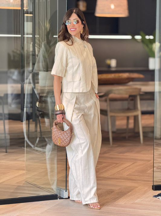 Italy Ivory/Brown Thin Lines Linen Vest Set