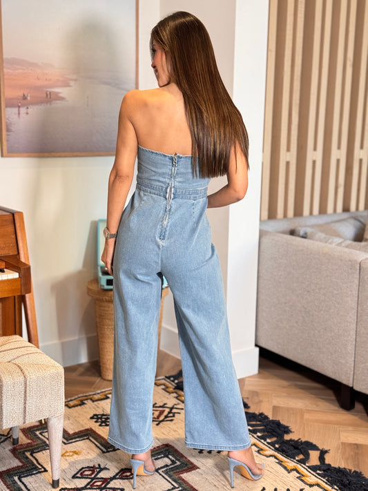 Muy Strapless Denim Jumpsuit