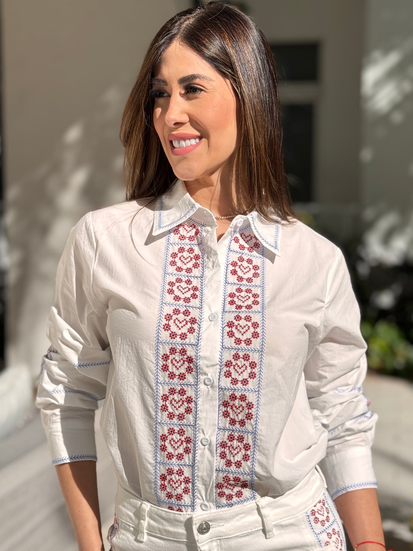 Zoe White Heart Stitches Red&Blue Blouse
