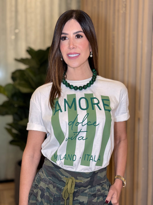 Amore Dolce Green Lines White T-Shirt