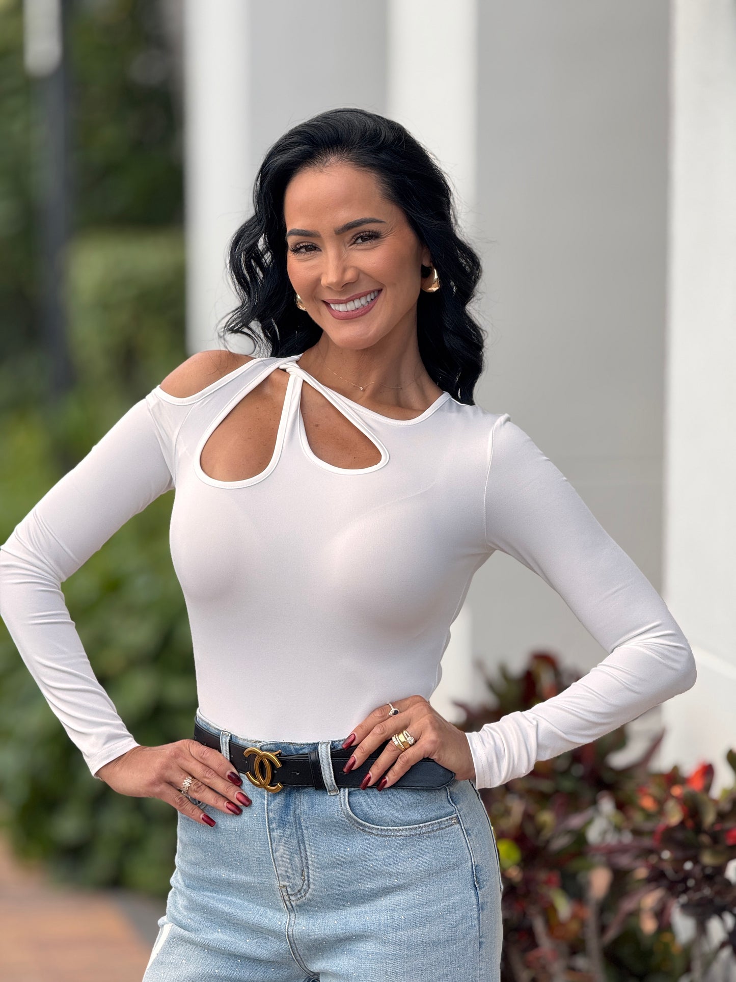 Gyna White Cutout Bodysuit Top