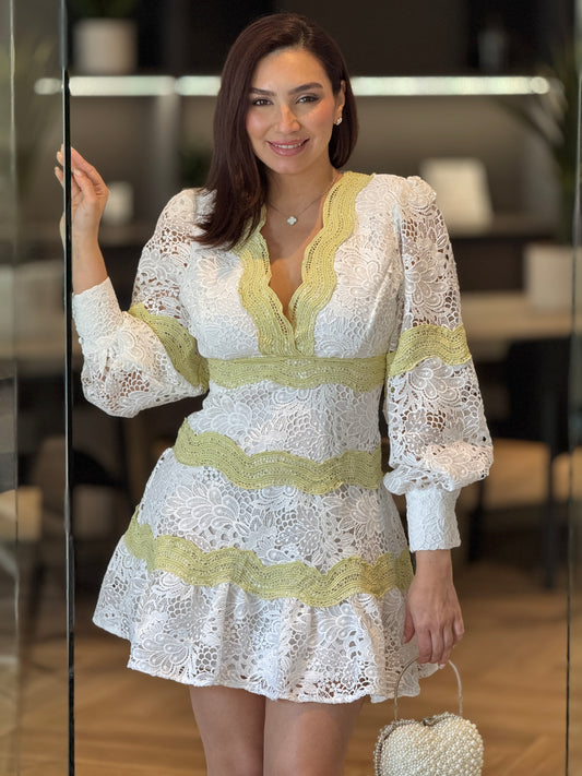 Inna White/Green Torchon Dress