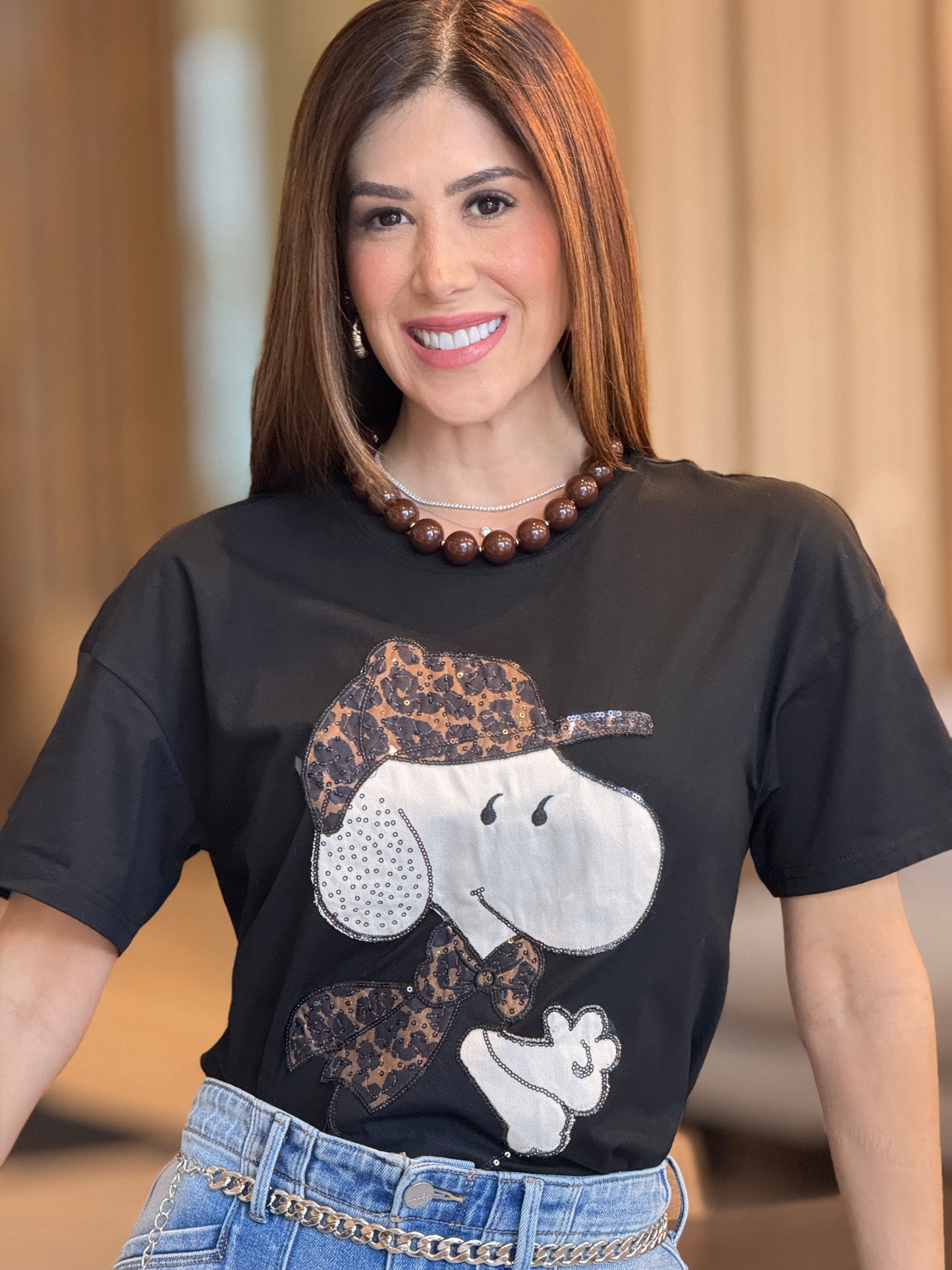 Cartoon Leopard Hat Black T-Shirt