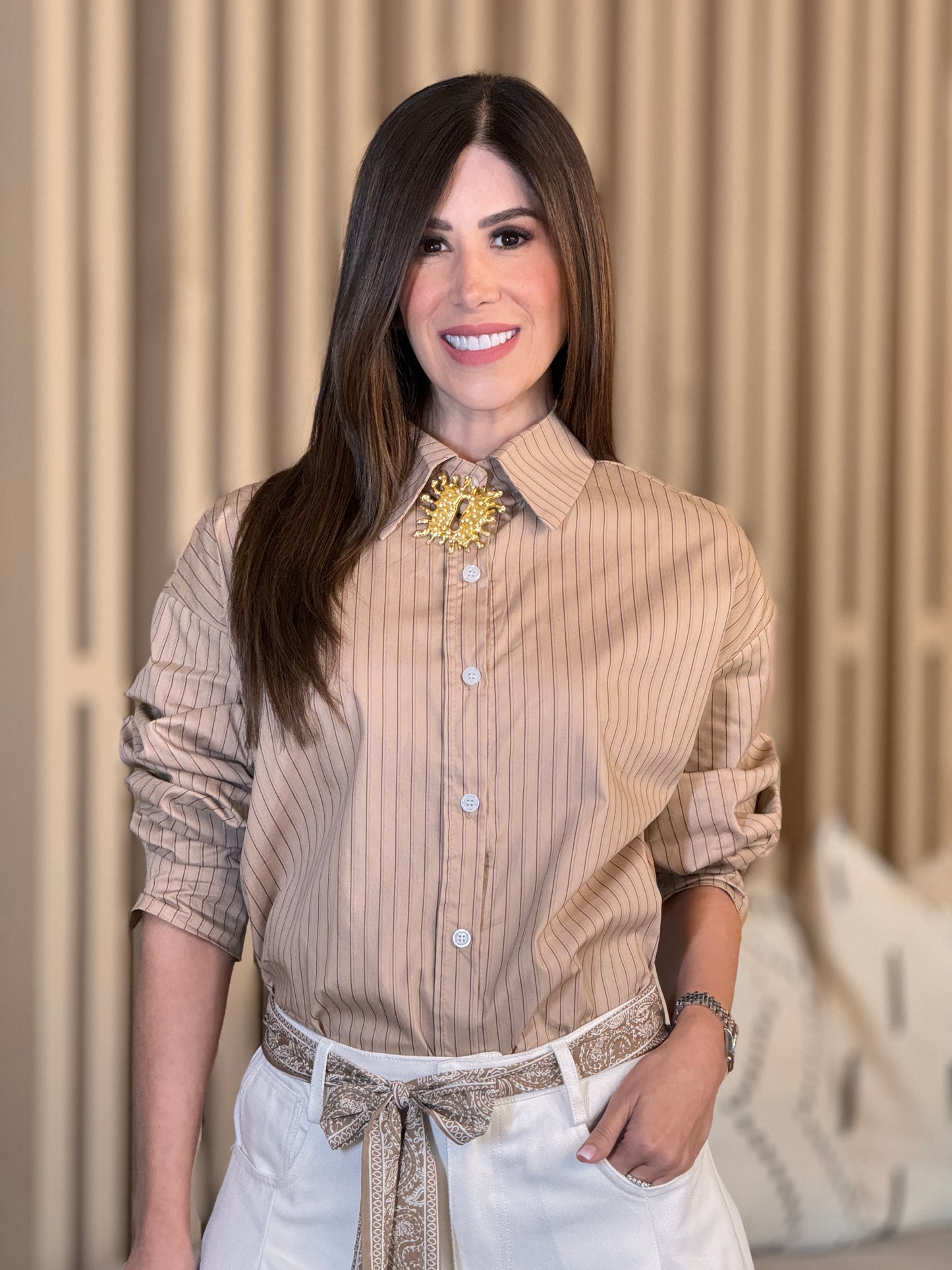 Circa Beige Lines Pins Shirt Top